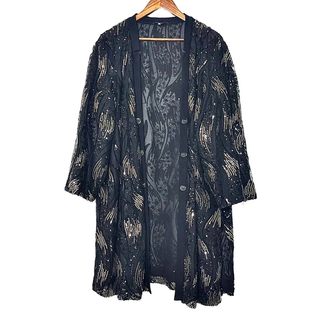 Misook Sequin Mesh Duster Jacket Black Gold Metallic Long Cardigan 2X